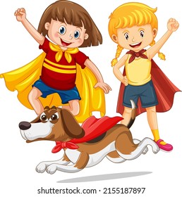 Two hero kids and hero beagle dog cartoon illustration