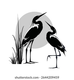 Two Heron birds silhouette standing near grass bushes thickets against a large sun circle. Vector drawing isolated on white background for printing on T-shirt, bag, ceramics or for logo, sign, emblem.