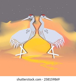 two herons origami paper at sunset vector
