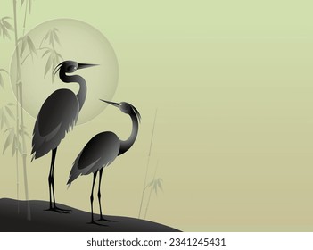 A two herons silhouette next to the bamboo reeds against the backdrop of the sky with a large circle of the sun. vector drawing.