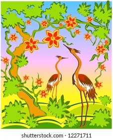 Two herons under a blossoming tree, a landscape in east style