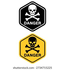 Two hexagonal danger signs with skull and crossbones symbols in black and yellow