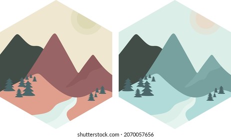 Two hexagonal emblems with forest trees and a silhouette of a mountain range. Vector illustration. Image of warm and cold shades
