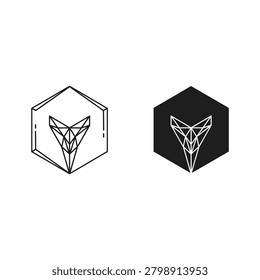 Two hexagonal geometric art pieces with a stylized face design, one white and one black, art piece