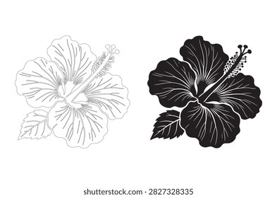 Two hibiscus flower silhouettes are presented, one in black and one in white, against a white background. The illustrations feature