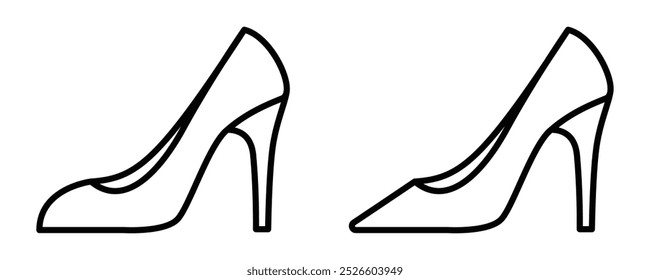 Two high heel shoes icon in black outline. Vector illustration representing fashion, footwear, or elegance. Editable stroke.