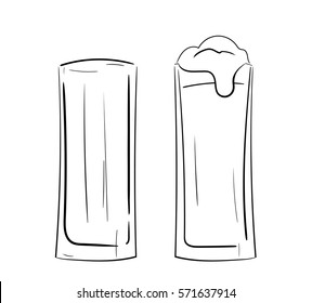 two high pint glasses of beer, full and empty
