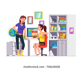 Two high school student friends talking, doing homework together at kids room. Teen girl sitting at desk. Home office with table, bookcase, chair & desktop pc. Flat style vector isolated illustration.