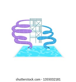 Two high spiral tube slides in aqua park isolated on white background