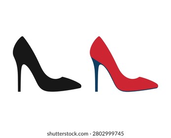 Two highheeled shoes in black and red on white background