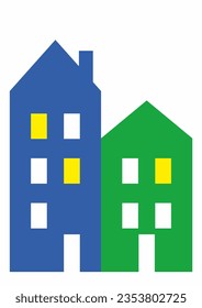 Two high-rise prefab houses, blue and green building, town symbol,  logo, color image, vector illustration, icon