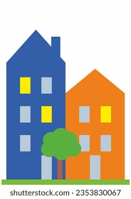 Two high-rise prefab houses, logo, blue and orange colors, greenery at town, vector symbol, icon