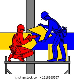 Two high-rise workers on rafters in the process