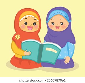 Two hijab girls happy reading book