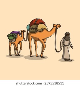 Two hijrah camels wearing saddles being pulled by Arab travelers