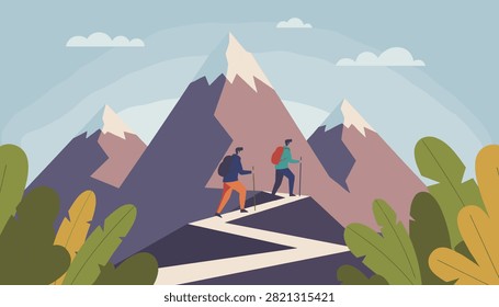 Two hikers with backpacks climbing a winding mountain trail surrounded by lush green foliage under a soft blue sky.