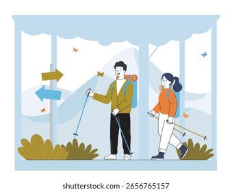 Dos excursionistas con mochilas caminando por la naturaleza utilizando bastones de trekking, diseño plano colorido, con montañas y mariposas en el fondo. Concepto de aventura al aire libre. Ilustración vectorial