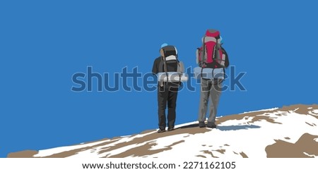 Two hikers with a big backpack on his back, vector illustration