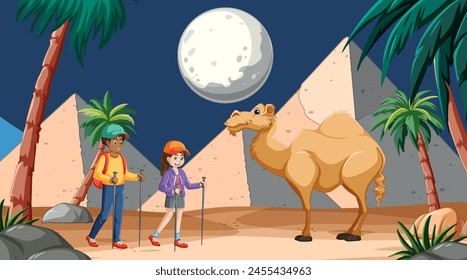 Dos excursionistas y un camello bajo la luna llena.