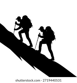 Dos excursionistas escalando una empinada pendiente de montaña con bastones de trekking y mochilas