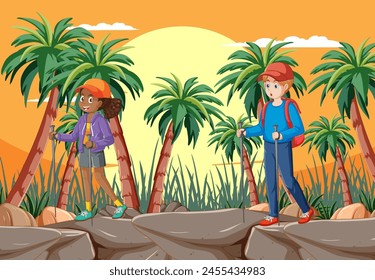 Two hikers exploring a rocky tropical terrain.