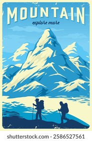 Two hikers navigate through a stunning mountain range surrounded by snow-capped peaks and a serene lake. The bright blue sky adds vibrancy to this exhilarating outdoor experience.