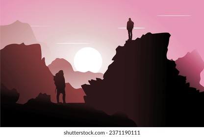 Dos excursionistas en silueta parados en la cima de la montaña con sol naciente y un fondo dominante de color rosa, ilustración vectorial de los montañistas.