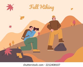 Two hikers are taking a commemorative photo in the autumn mountains. Autumn mountain background with flying brown and red leaves. flat vector illustration.