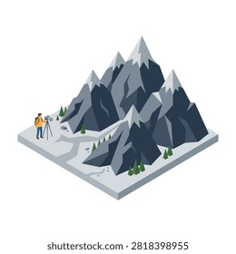 Two hikers trek on snowy mountain path with majestic dark blue mountains