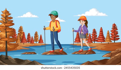 Two hikers with trekking poles by a river