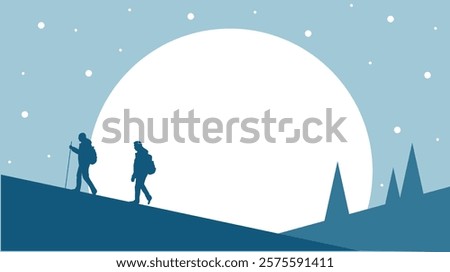 Two Hikers Walking up the Hill at Night Time. Nature and outdoor adventure activities for people concept vector art