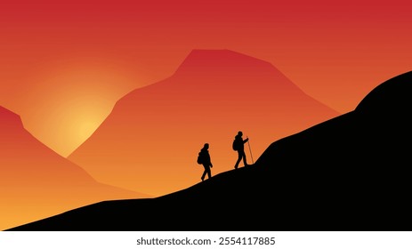 Two Hikers Walking up the Mountain in Sunset or Sunrise. Spending time in nature and outdoor adventure activities vector art