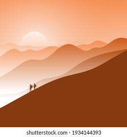 two hikers walking in mountains at sunset and orange gradient shade background illustration vector