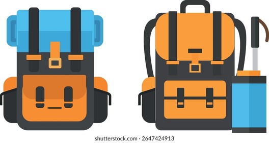 Two hiking backpacks, one with roll mat, other with flask.