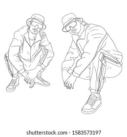 Two hip hopers sitting in a squat and looking cool into the camera. outline, comic, illustration, hiphop, oldschool, tracksuit.