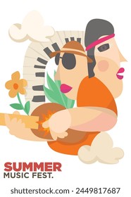 two hippies musicians abstract style. summer music festival template poster vector illustration