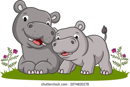 The two hippopotamus are playing in the garden of illustration