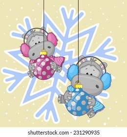 Two Hippos in a fur headphones on the background of snowflake 