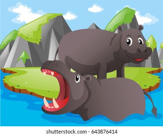 Two hippos living by the river illustration