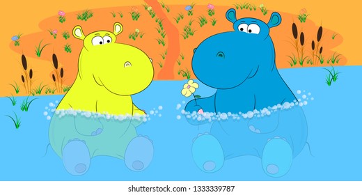 two hippos in a pond cartoon vector illustration. birthday greeting card. valentines day greeting card. 