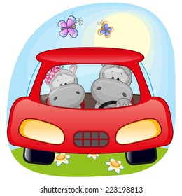 Two Hippos is sitting in a car 