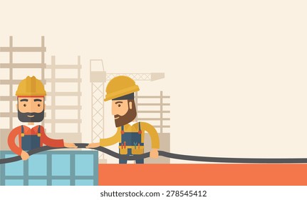Dos constructores hipster con sombrero duro para sus escaleras de seguridad usadas para la construcción. Un estilo contemporáneo con una paleta pastel y un fondo beige suave. Ilustración de diseño plano del vector