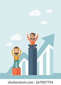 Two hipster Caucasian businessmen with beard. Man on top is happy while sitting and man in bottom is sad while standing. Rivalry concept. A contemporary style with pastel palette soft blue tinted