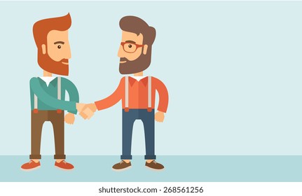 Two hipster Caucasian men standing facing each other handshaking for the successful business deal. Business partnership concept. A contemporary style with pastel palette, soft blue tinted background