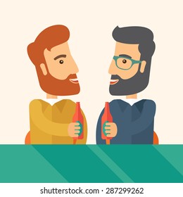 A two hipster co-workers from office to pub having fun drinking beer just to relax and stress free. A Contemporary style with pastel palette, soft beige tinted background. Vector flat design