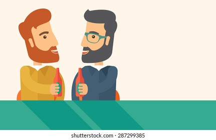 A two hipster co-workers from office to pub having fun drinking beer just to relax and stress free. A Contemporary style with pastel palette, soft beige tinted background. Vector flat design