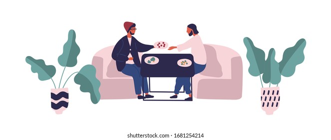 Two Hipster Guy Sitting At Table Eating Meal At Food Court Vector Flat Illustration. Male Friends Relaxing On Sofa During Dinner Or Lunch Isolated On White Background. People Having Break At Cafe