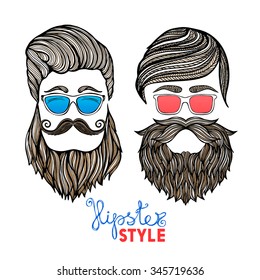 Two hipster hair style men heads with blue and red glasses doodle pictograms abstract vector isolated illustration