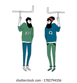 Dos hombres hipster conducen bajo tierra y se miran unos a otros. Ilustración vectorial en un sencillo estilo plano. Aislado sobre un fondo blanco. Concepto de urbanización y transporte subterráneo en la ciudad.