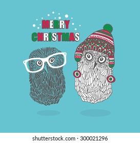 Two hipster owls. Vector illustration. Merry Christmas.